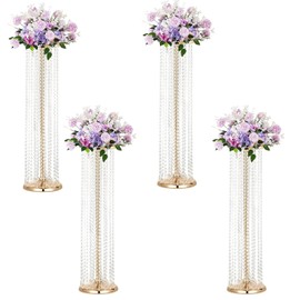 Juego de 4 lujosos soportes de flores de cristal para bodas en el suelo, soporte alto de metal para arreglos de flores, florero de mesa para bodas, fiestas, hoteles, decoración del hogar