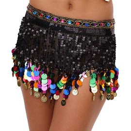 Womens Belly Dance Hip Scarf with Gold Coins Sparkly Sequins Chiffon Wrap Skirt for Performance Dance Costume Festival (US, Alpha, One Size, Regular, Regular, Standard, Black)