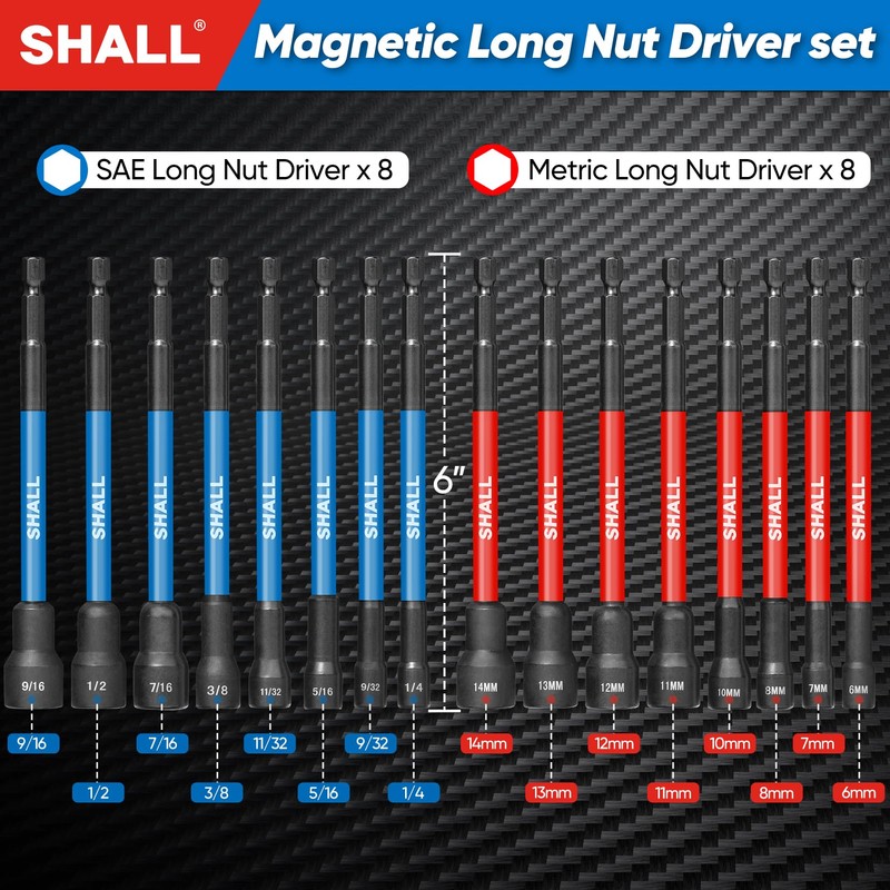 SHALL 16PCS Magnetic Nut Driver Set - 6" Long Nut