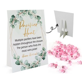 Baby Pacifier Hunt Baby Shower Games, Gender Reveal Game, 8×10 Sign and 50 Mini Acrylic Pacifier, Favorite Adults Kids Games for Baby Shower Activities, Gender Neutral Boy and Girl BPH04