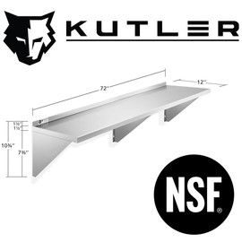 KUTLER Stainless Steel Shelf - 12" x 72", NSF Commercial Wall Mount Shelves with Backsplash, Floating Metal Shelving for Restaurant, Kitchen, Home