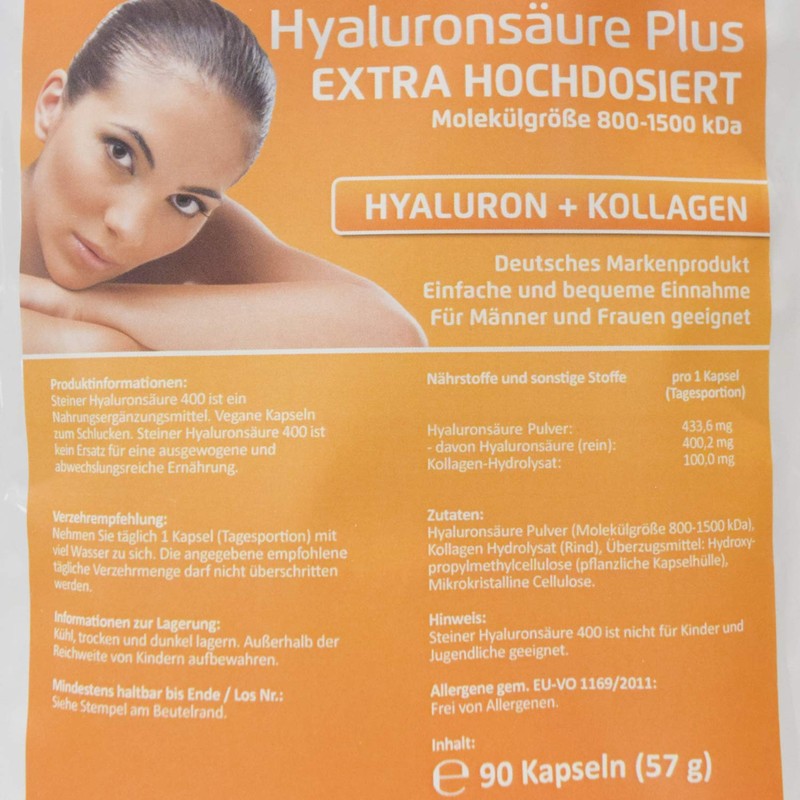 Steiner Hyaluronic Acid Collagen 500mg Hyaluronic Collagen 90 Capsules
