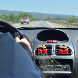 Rhinestone Cherry Air Vent Freshener Clips & Crochet Rear View Mirror Hanging Ornament,Car Decor Set, for Women Girls, for Cars, SUV, Trucks