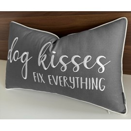 Rudransha Dog Kisses Fix Everything Embroidered Lumbar Accent Throw Pillowcase - Gift for Pet Lover, Home Decor - 12x20 Inches, Dark Grey