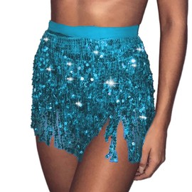 Wedity Belly Dance Skirt Hip Belt Sequin Tassel Skirt Hip Wrap Scarf Rave Music Festival Costume for Women Girls (Lake Blue)