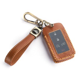 for Jeep Key Fob Cover with Keychain, Leather Car Key Case Full Protector Fit for 2021-2024 Jeep Grand Cherokee L Grand Wagoneer Smart Key, Brown