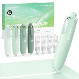 Four Candies 6MM Retractable White Correction Tape, 4PCS White Smooth Pull Out Correction Tape with 4 Extra Refills,Tear-Resistant Tape Pen & Quick Drying for Back to School & Office Supplies (Green)