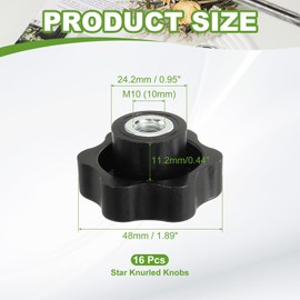 YELARXI Clamping Nuts Knob Plastic Screw-On Iron Star Knobs Knurled M10 Female Threaded Hexagon Head, 1.9 Inch Head Diameter Fit for Lawn Mower Handle Machinery (16 Pack, Black)