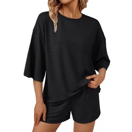 AUTOMET Womens Two Piece Sets Summer Loungewear 2 Piece Pajama 3/4 Sleeve Oversized Tshirts Elastic Waist Shorts Black L