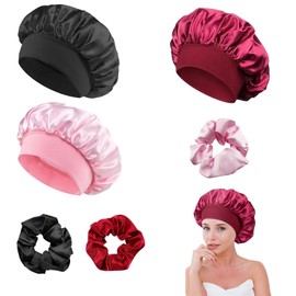 Pack of 3 Satin Sleep Caps, Silk Hood for Sleeping, Long Hair, Adjustable Sleep Cap, Silk, with 3 Satin Hair Bobbles, Satin Hair Cap, for Night Hair Protection, Bonnet Sleep Cap