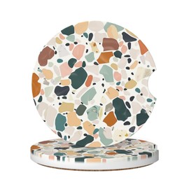 Buyidec Boho Terrazzo Print Absorbent Car Coasters 2 Pack Cup Holders, 2.56" Ceramic Stone & Non-Scratch Cork Base Drink Coasters Cute Car Assecories for Women Men