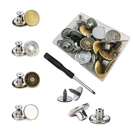 No Sew 20 Sets Replacement Jean Buttons 17mm Combo Copper Tack Buttons Replacement Kit with Rivets and Metal Base in Plastic Storage Box (4 Styles)