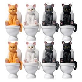 MAUDFEK 8 PCS Cat Figurine, Toilet Theme Cat Figures for Desk Decor, Assorted Black White Grey Yellow Cats, Cute Desk Accessories Collection for Office or Home