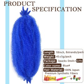 Afro Twist Hair Pre Separated Springy Afro Twist Hair Pre stretched Wrapping Hair for Soft Locs Marley Twist Braiding Hair Afro Kinky Twist Hair Extensions (18 Inch (Pack of 3),BLUE#)