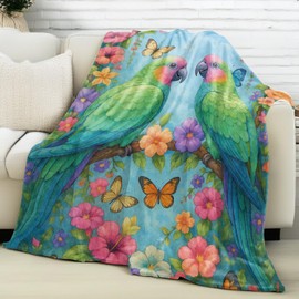 vnlvnl Tropical Parrot Blanket Lightweight Flannel Blankets Gifts for Nature Lovers with Colorful Watercolor Bird Butterfly Floral Printed Throw for Couch Chair Office Bedroom Decor, 60x50inch