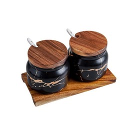 MAGICVOGEL Set of 2 Marble Look Spice Jars with Lid and Spoon, Round Ceramic Spice Containers, Sugar Jars with Tray, Spice Holder for Sugar, Salt, Spices, Herbs (Black)