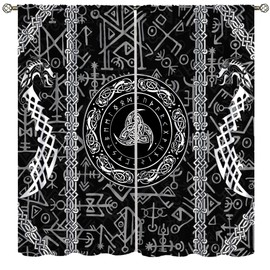 Viking Art Curtains for Bedroom,Raven Ancient Rune Dragon Totem Norse Mythology Tapestries Mystical Geometric Norse Mythology Tapestry Window Drapes for Boys Youth Living Room 42x45in（No Blackout）