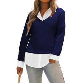 Oyamiki 2 in 1 Tops for Women Sweater with Collared Shirt Attached Navy Blue-White