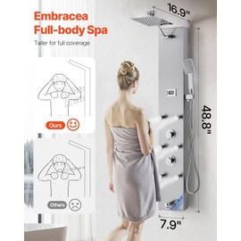 VEVOR Shower Panel Tower System with Rainfall Shower Head, LED, 49 in Brushed Stainless Steel Shower Column, 4-Function Faucet, Wall-Mount Rain Massage System with 6 Body Jets, Handheld, and Tub Spout