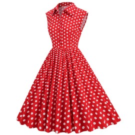 Women 1950s Vintage Shirt Dress 50s Style Polka Dot Dress Vintage Cocktail Dress for Women 1950s Tea Party Dress Sleeveless Buttons Fit Flare A line Church Dress Rockabilly Prom Dress Red Polka Dot XL