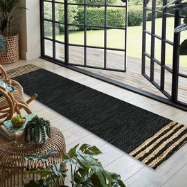 GRUHUM Jute Runner Rug 2'6"x 6' ft Natural Fibre Black Rectangular Jute Area Rug Leather Handwoven Boho Farmhouse Braided Rustic Vintage EcoFriendly Rug Kitchen Livingroom Bedroom Hallways Enterways