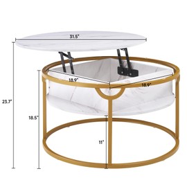 ONBRILL Round Coffee Table for Living Room, Lift Top Circular Coffee Table with Storage, Modern Marble Center Table, Small Wooden Table for Reception Room, Office, Bed Room Furniture (White and Gold)