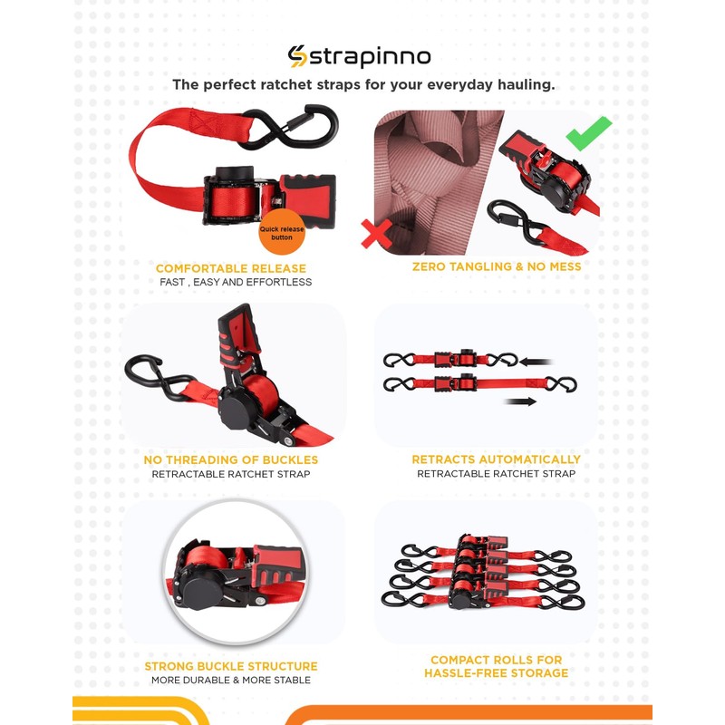 Strapinno 4pcs Retractable Ratchet Straps Bundle 1in x 6ft Ratchet
