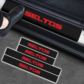 4Pcs for Seltos Car Door Sill Protector Reflective 4D Carbon Fiber Sticker Decoration Door Entry Guard Door Sill Scuff Plate Stickers Compatible with Kia Seltos (Red)