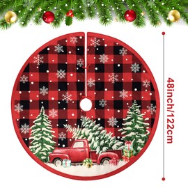 48 Inch Christmas Tree Skirt Red Black Buffalo Plaid Tree Mat Large Vintage Truck Snowflake Tree Skirt Decoration for Christmas Tree Holiday Party Indoor Outdoor Decor