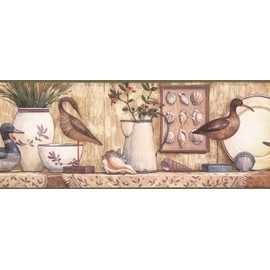 CONCORD WALLCOVERINGS ™ Wallpaper Border Vintage Pattern Shelf Tableware Birds Seashells for Cottage Kitchen Dining Room, Beige Green, 15 ft by 9.5 in 5505751