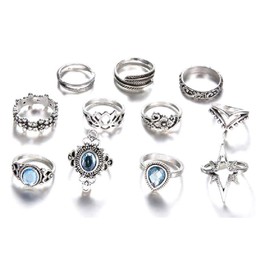 11 Pcs Bohemian Stackable Joint Knuckle Ring Set Carved Flower Leaf Gemstone Midi Ring Vintage Finger Rings for Women (One size, Silver)
