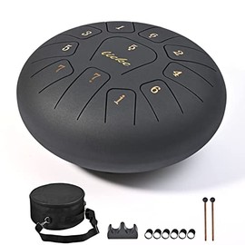 LIEKE Steel Tongue Drum 10 Inchs 11 Notes C Key Tank Drums,Percussion Instrument,Hand Drum Gifts for Kids Adults Beginner With Bag (Black)