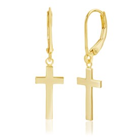 Mia Sarine Yellow Gold Plated 925 Sterling Silver High Polished Dangling Cross Earrings for Women with Leverback Yellow