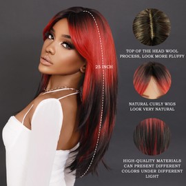 7JHH WIGS Long Wavy Wig Red and Black Layered Wig with Curtain Bangs, Synthetic High Density Heat Resistant Hair Straight Wig ends dyed black for Daily Party 25 Inches