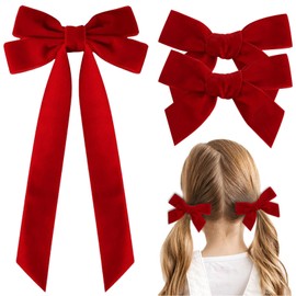FULANSI FULANSI Velvet Hair Bow Clips for Women Girls Red Bows Hair Accessories 2 Sizes Long and Basic 4” Hair Bow Set Ribbon Ponytail Knot Bows Alligator hair Clips for Little Girls Toddler 3PCS