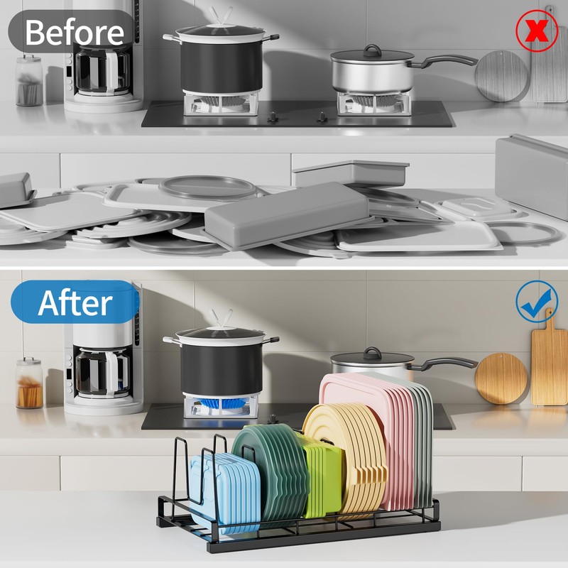 GAGUIUP Food Container Lid Organizer, Adjustable 6 Dividers Full-Metal Pot