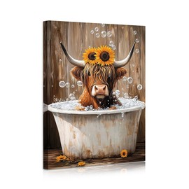 Yidepot Highland Cow Canvas Wall Art: Sunflowers Farmhouse Artwork, Cow Pictures Bathroom Decor Ready to Hang 12x15inch