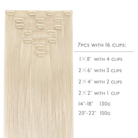 WENNALIFE Seamless Clip In Hair Extensions Human Hair, 18 Inch 130g 7pcs Platinum Blonde Real Hair Extensions Clip in Human Hair Invisible PU Skin Weft Natural Remy Human Hair Extensions