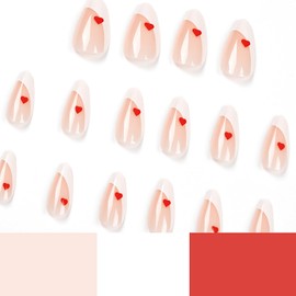Almond Press on Nails French Tip 24Pcs Glossy Full Cover Medium Acrylic False Nails with Red Heart Designs Natural Artificial Fake Nails Set with Glue Stick on Fingernails for Women Girls