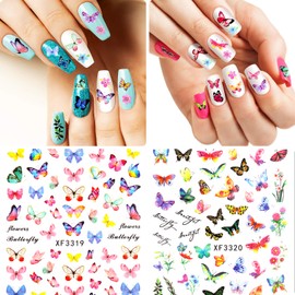 Blulu 24 Sheets Butterfly Nail Art Stickers Colorful Butterfly Flower Nail Stickers Mixed Design Self-Adhesive Nail Decals Butterfly Manicure Sticker for Women Girl Nail Decorations, 12 Styles