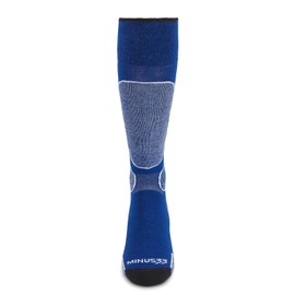 Minus33 Merino Wool Mountain Heritage Elite - Calcetines de snowboard ligeros para todas las estaciones, fabricados en los Estados Unidos, calcetines sobre la pantorrilla, Azul / Patchwork, Small