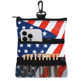 Golf Bag Accessories Valuables Pouch Bags Multi Pocket Zipper Hook with 10 Pcs Wood Golf Tees for Men Women (USA Flag)