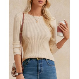 GRACE KARIN Women's Fall Sweater, Apricot Wool Blend Casual Layer Blouse, Knitted Crewneck Work Clothes M