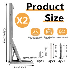 Fatiya 2 Pack Stainless Steel Folding Shelf Brackets, 12 Inch Folding Table Brackets Heavy Duty, Countertop Extension Fold Down Up to 300 lbs for Wall Mounting