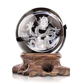 3D Crystal Ball Inner Carved Dragon Design Paperweight Ornament Sphere for Birthday Gift With Wooden Base(60mm)