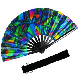 TAYUQEE Folding Hand Fan - 13 Inch Large Bamboo Hand Fan for Women and Men - UV Glow Handheld Rave Fan Chinese Fan for Music Festivals, Parades, Rave Party and Decorations