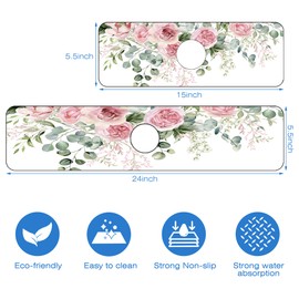 Faucet Mat for Kitchen Sink Watercolor Floral Pink Flowers Sink Splash Guard Behind Faucet Soft Diatom Mud Material Non-slip Easy to Clean for Bathroom & Kitchen 24"X5.5"