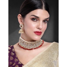 Aheli Elegant Indian Traditional Wedding Wear Kundan Pearl Encrusted Choker Necklace Set with Jhumki Earrings Ethnic Bollywood Party for Women