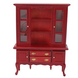 Srliya 1:12 Scale Wooden Miniature Cabinet, Dollhouse Bookcase, Cabinet with Hinged Door, Drawer for Room, Classic Three Tier Cabinet with Two Doors (Mahogany)