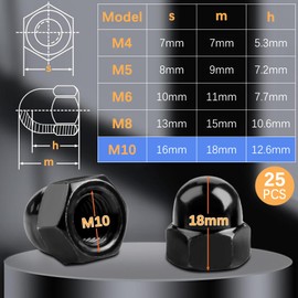 Pack of 25 Cap Nuts M10, Cap Nuts, High Shape Carbon Steel Cap Nuts, Hexagonal Rustproof Acorn Nuts for Screws Threaded Rods Threaded Bolts (Black)